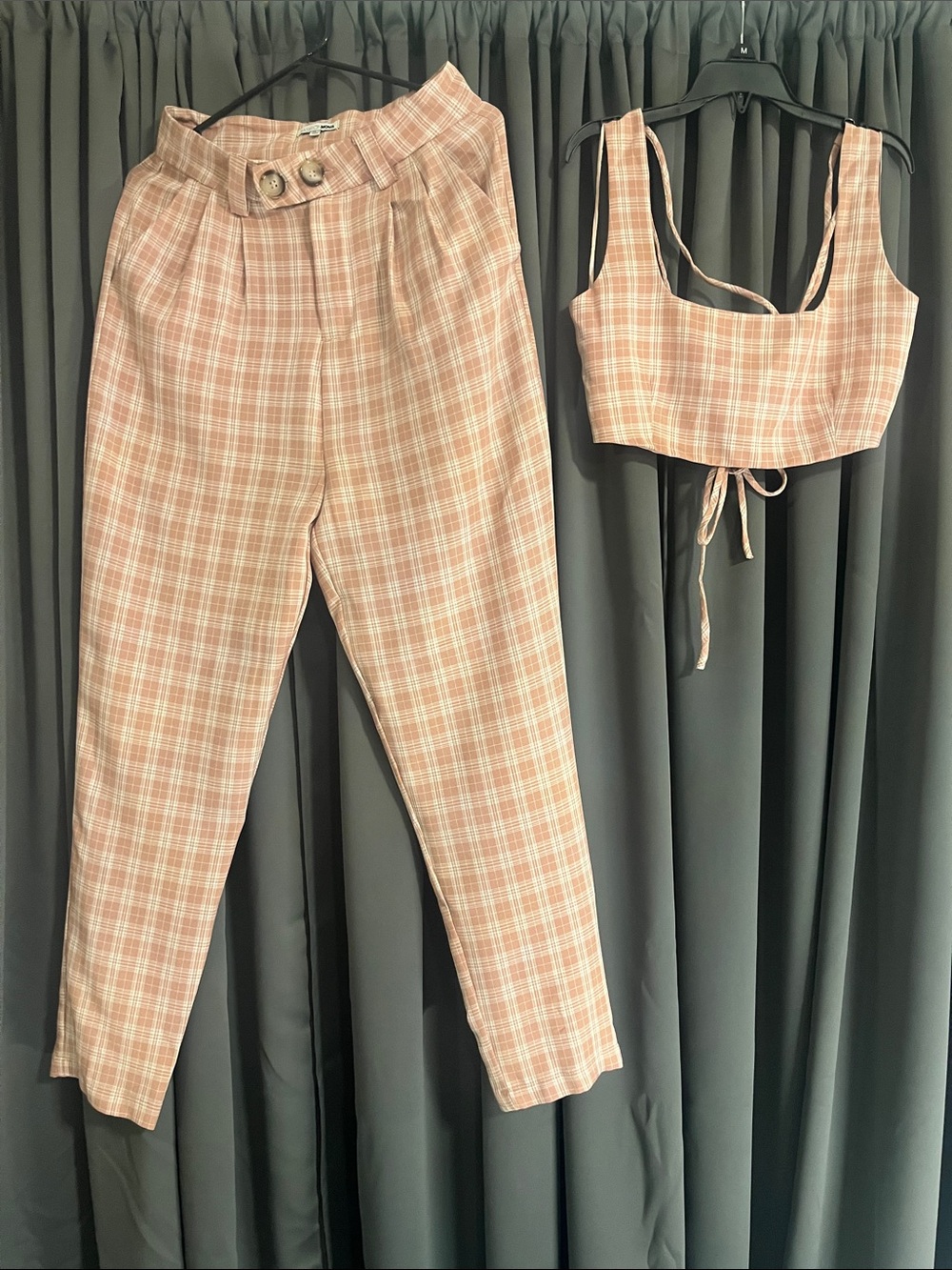 Fashion Nova Pink Plaid High-Waist Trousers with Matching Crop Top